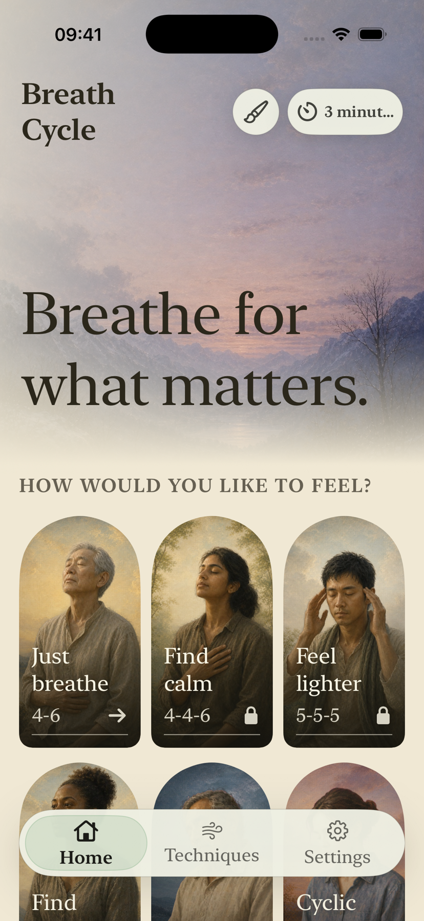 The current Breath Cycle Home screen with six breathing practice cards