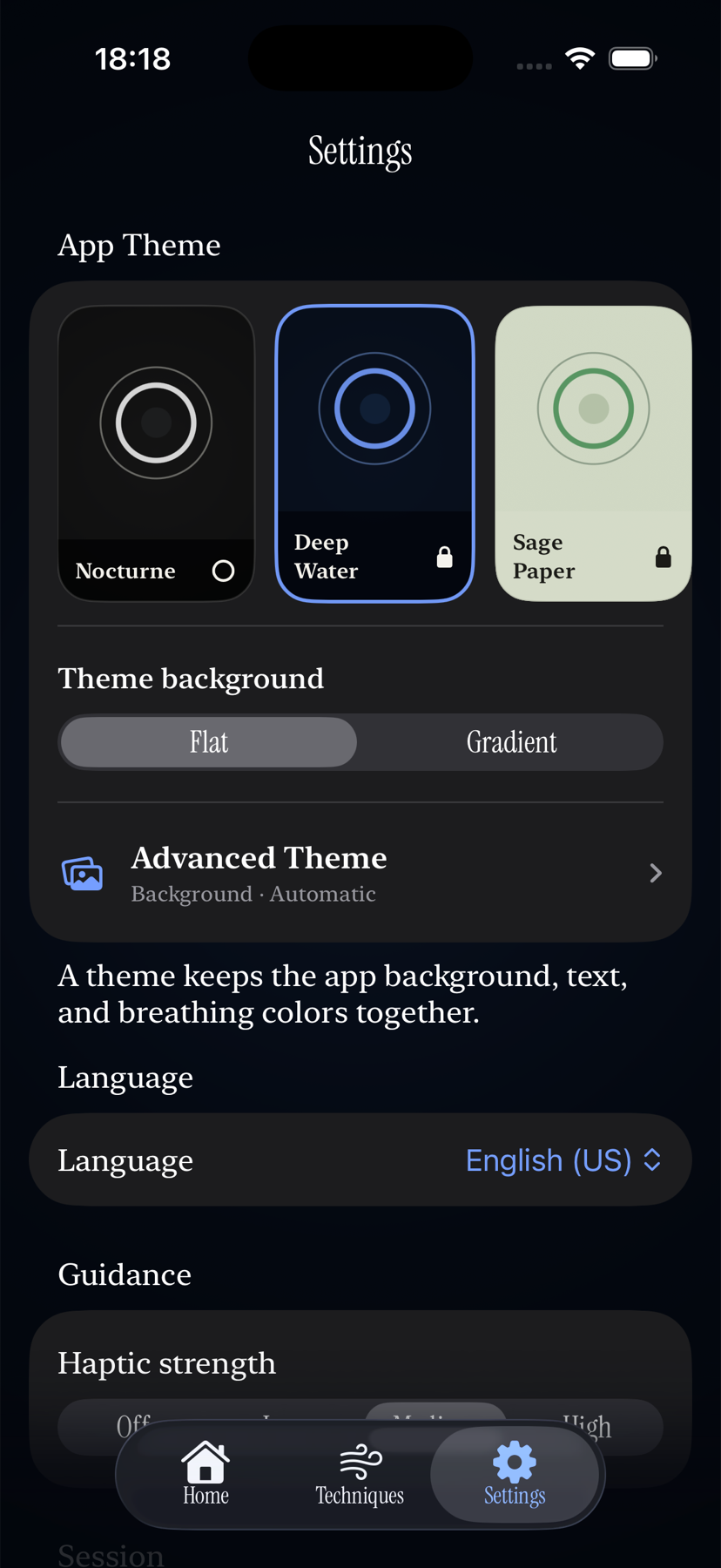 The current Breath Cycle Settings screen showing the Nocturne, Deep Water, Sage Paper, Twilight, and Warm Linen theme cards