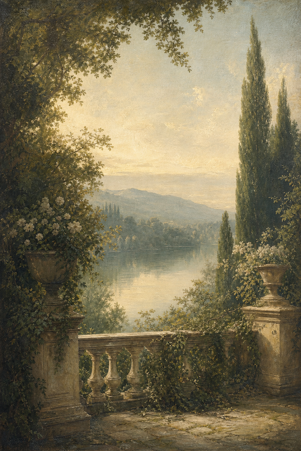 A painted ancient garden overlooking a still lake