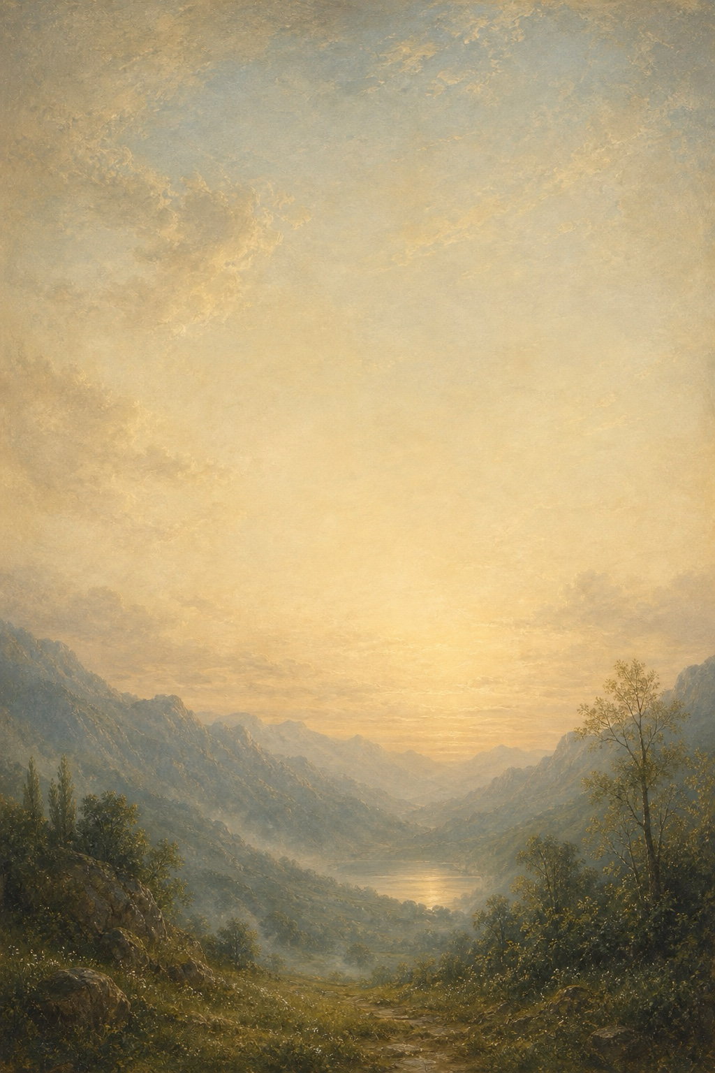 A misty painted valley and lake at sunrise